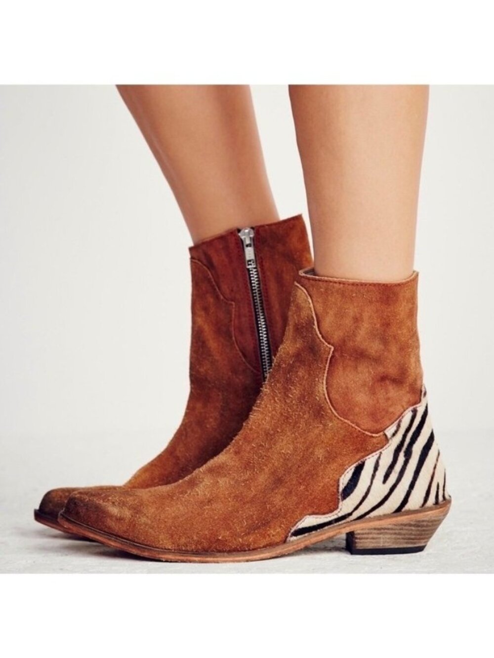 Free People Womens Last Outlaw Western Ankle Boot Brown Suede Zebra size 36 US 6